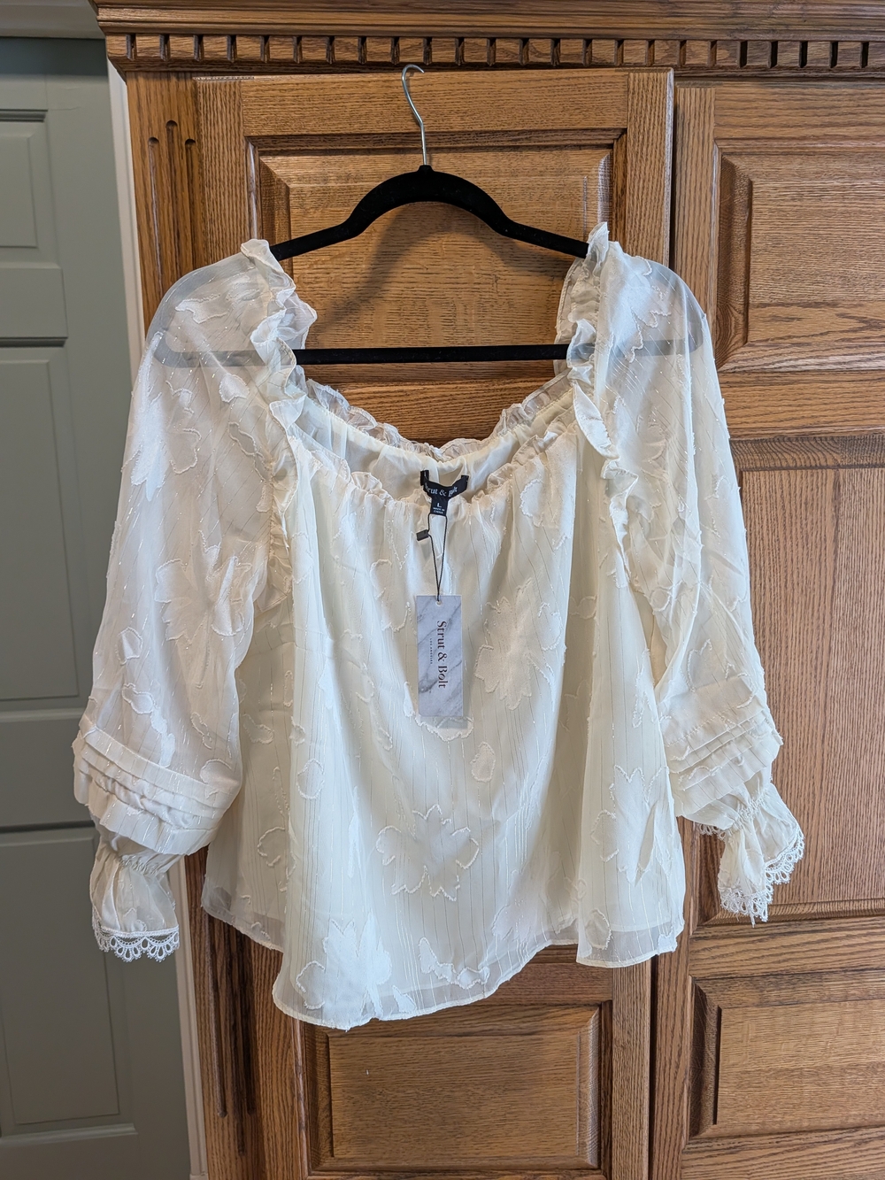 Ivory Floral Lace Peasant Blouse - Women's Top